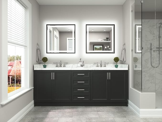TETOTE Led Bathroom Mirror 30 x 30 with Brushed Black Frame Anti-Fog Frontlit & Backlit Vanity Mirror Stepless Dimmable Lighted Mirrors for Bathroom Wall 3 Colors White/Warm/Natural Wall-Mounted