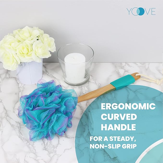 Yoove Bath Pouf with Handle - Body Scrubber Green Loofah for Women - Charcoal Infused Shower Loofah Sponge with Handle - Back Scrubber - Back Shower Sponge