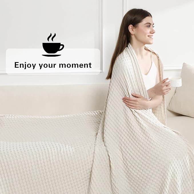 Aganear Waffle Blanket - Lightweight Breathable Summer Blanket of 50% Cotton and 50% Rayon Derived from Bamboo for Hot Sleepers Luxury Throws for Bed, Couch and Sofa,Beige,104x90 Inches