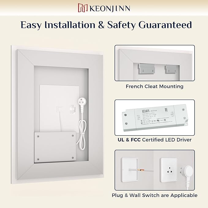 Keonjinn LED Bathroom Mirror with Lights 36" x 36", Frontlit & Backlit LED Mirror for Bathroom Wall with Dimmable 3-Color Lights, Anti-Fog Mirror with HD Tempered Glass, UL-Listed LED Driver