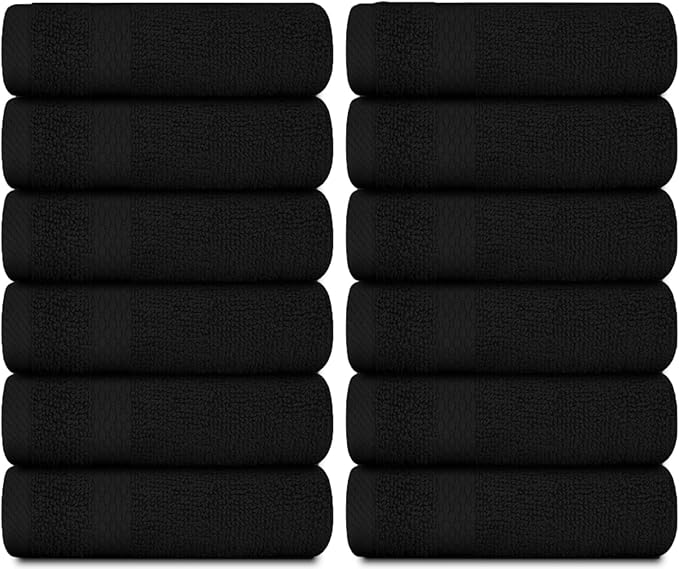 White Classic Luxury Cotton Washcloths 13x13 Inch - 650 GSM Turkish Cotton | Hotel, Spa, Bathroom Face Towel | 12 Pack, Black