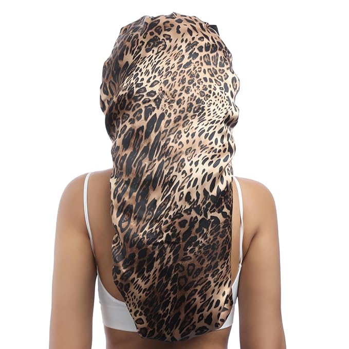 AWAYTR Long Satin Bonnet for Braids - Elastic Silk Hair Bonnets for Sleeping Night Cap Stretchy Tie Band for Women(Leopard)