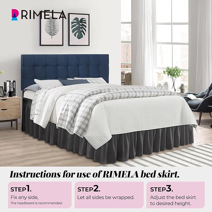 RIMELA Dark Grey Bed Skirt Queen Size 12 Inch Drop, Elastic Bed Skirting for Bed Base and Frame, Bedding Dust Ruffle Easy to Install, Lightweight Comforter Set with Wrap Around Adjustable Bedskirt