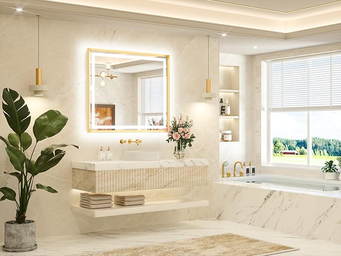 TETOTE 42 x 36 Led Mirror Brushed Gold Metal Frame Frontlit & Backlit Vanity Mirror Anti-Fog Stepless Dimmable 3 Colors White/Warm/Natural Wall Mirror with Lights Wall-Mounted