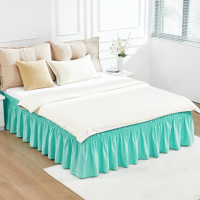 RIMELA Spa Blue Bed Skirt Queen Size 18 Inch Drop, Elastic Bed Skirting for Bed Base and Frame, Bedding Dust Ruffle Easy to Install, Lightweight Wrap Around Adjustable Bedskirt