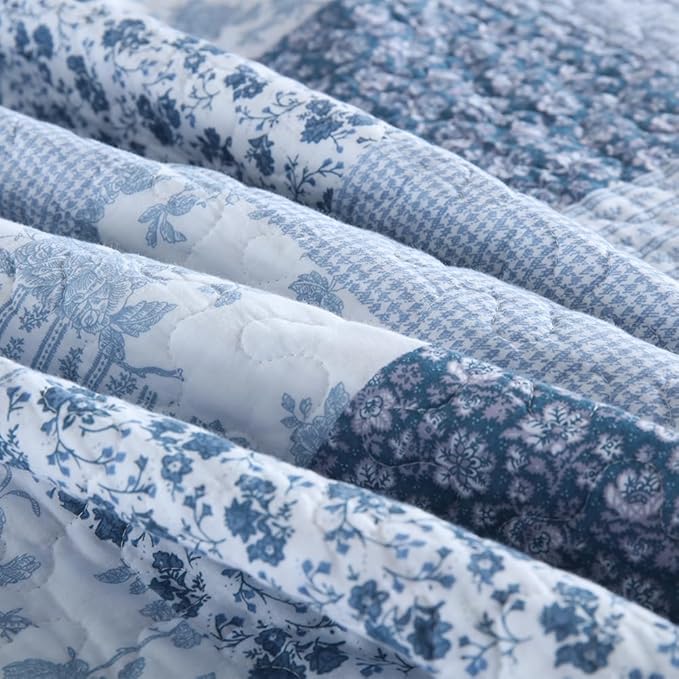 ENASAL Cotton Bedspread Quilt Bedding Sets Reversible Coverlet Sets Comforters Rustic Floral White Blue Patchwork Pattern Bedspread for All Season, Queen Size