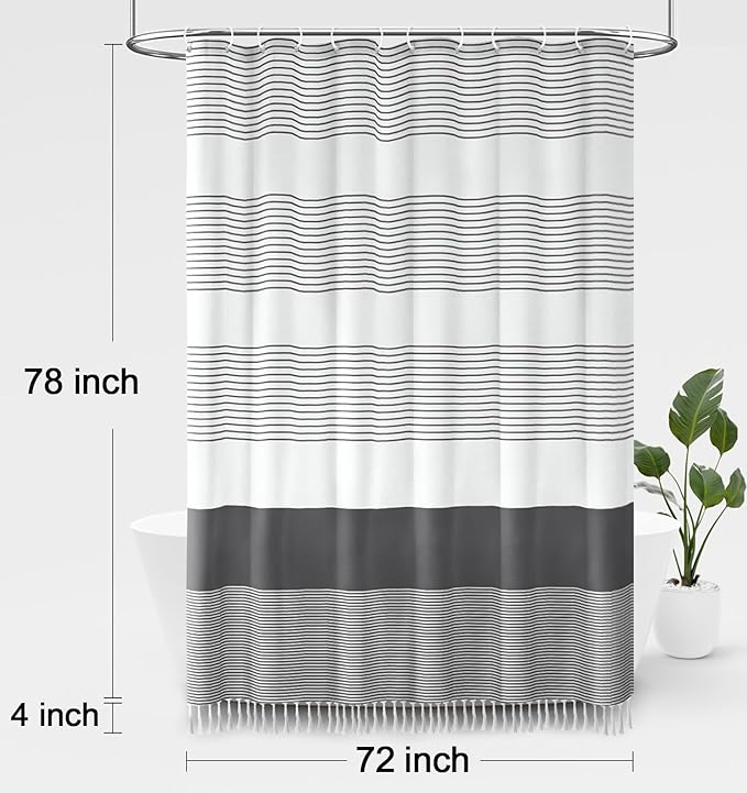 Awellife Gray Shower Curtain for Bathroom Stripe Tassel Shower Curtain 72 X 78 Farmhouse Cotton Boho Dark Grey