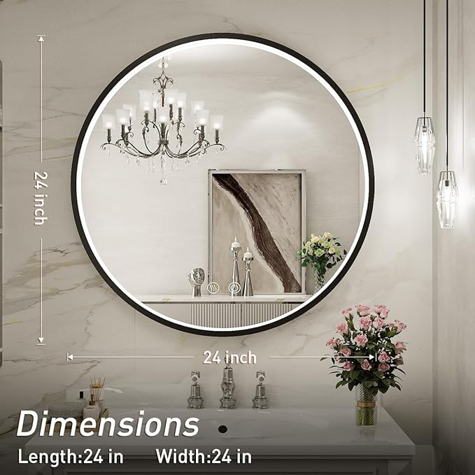 24" Round LED Bathroom Mirror, Dimmable Anti-Fog Vanity Mirror with Touch Control, 6000K Natural Light, Black Metal Frame, Wall Mounted for Makeup Shaving (IP54, 90+ CRI)