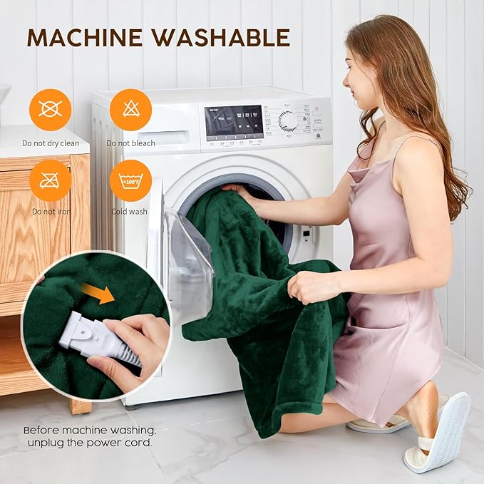 HYLEORY Heated Electric Blanket Throw, 2-Layer Cozy Warm Flannel 50" x 60", Heating Blanket with 9 Heating Levels, 2/4/6/10 Hours Auto Off, Fast Heating Winter Blanket, Green