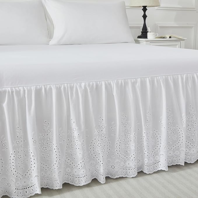 Brandream White Eyelet Bed Skirt King Size 100% Cotton Ruffled Dust Ruffle Bed Skirt 18 Inch Drop with Embroidered Floral Design Queen Size Beds