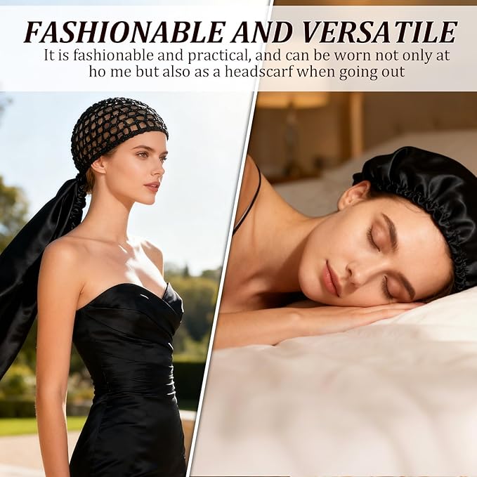 2 In1 Wrap Cap Bonnet Reversible,Adjustable Hair Wrap Cap Nettie Band Net,Extra Long Hair Silk Press Set Braid Bonnet for Curly Black