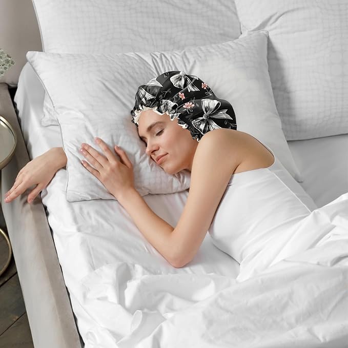 2 PCS Bonnets for Women Girls Satin Hair Bonnet Silk Adjustable Elastic Double Layer Hair Wrap Sleep Cap Comfort Cute-Bowknot Butterfly