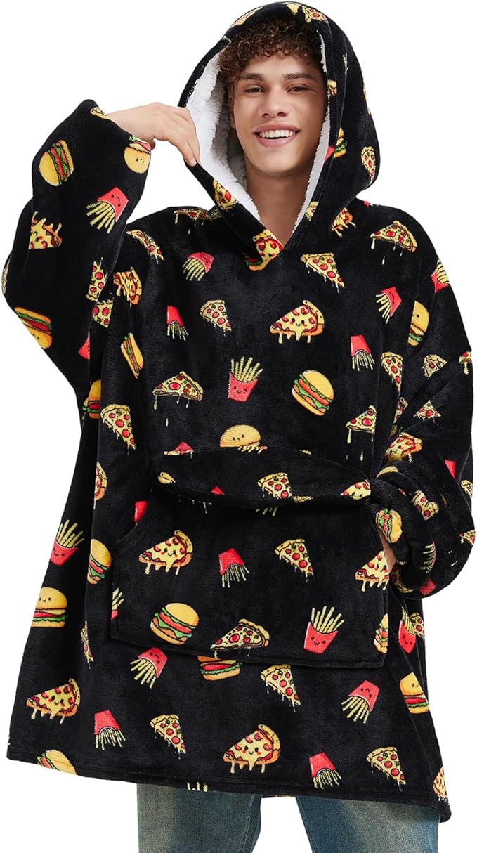 Wearable Blanket Hoodie for Adult,Oversized Sherpa Fleece Blanket Hoodie for Women Men,Hamburger Pizza