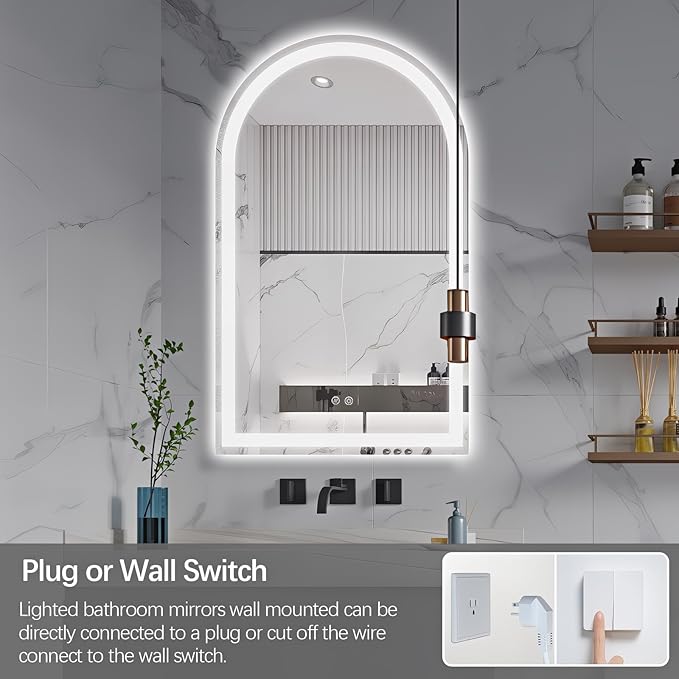 Niccy Arched LED Bathroom Mirror, 33x20 Arch Wall Mounted Frameless Bathroom Mirror for Vanity, Smart Lighted Frontlit Mirrors with Memory Function for Bathroom Bedroom Beauty Hair Salon