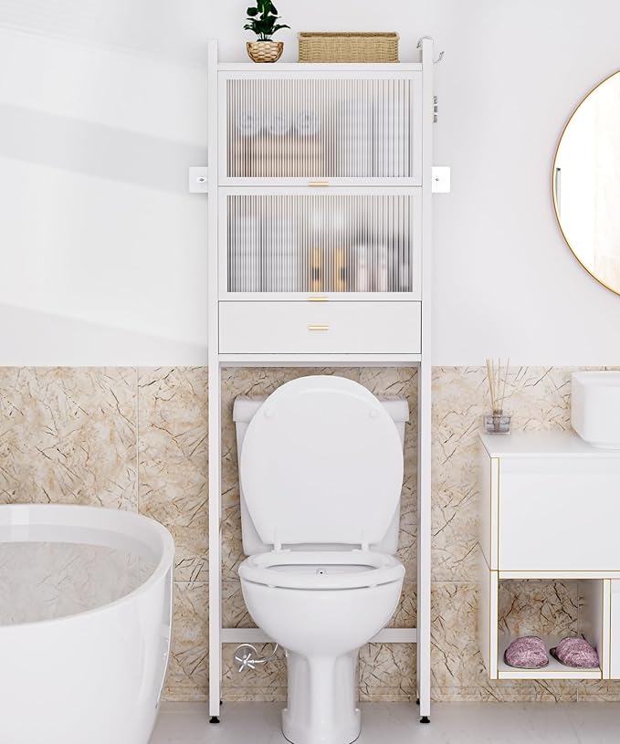 Over The Toilet Storage Shelf with Drawer, Above Bamboo Bathroom Organizer Cabinet with Anti-Tip and Waterproof Feet Pad Design, Freestanding Shelf for Bathroom (White)