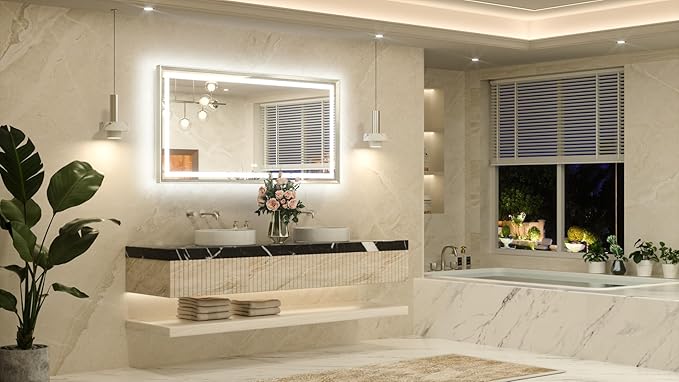 TETOTE 60 x 30 Large Bathroom Mirror Brushed Bright Nickel Metal Frame Frontlit & Backlit Vanity Mirror 3 Colors White/Warm/Natural Stepless Dimmable Anti-Fog Bathroom Mirrors for Vanity Wall-Mounted