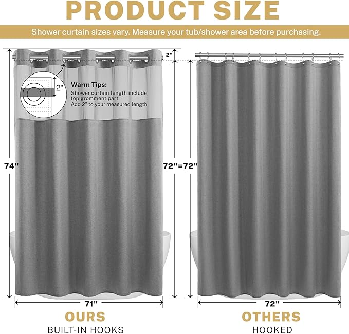 No Hook Gray Shower Curtain, Linen-Look Polyester Textured Shower Curtain with Snap in Liner, Waterproof & Washable Bath Curtains for Bathroom, 71Wx74H