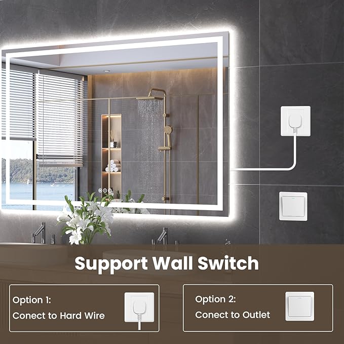 60"X40" LED Bathroom Mirror with Front Lights and Backlit, Anti-Fog, Dimmable, Shatter-Proof Tempered Glass, Lighted Bathroom Vanity Mirror for Wall with 3 Colors, Memory Function