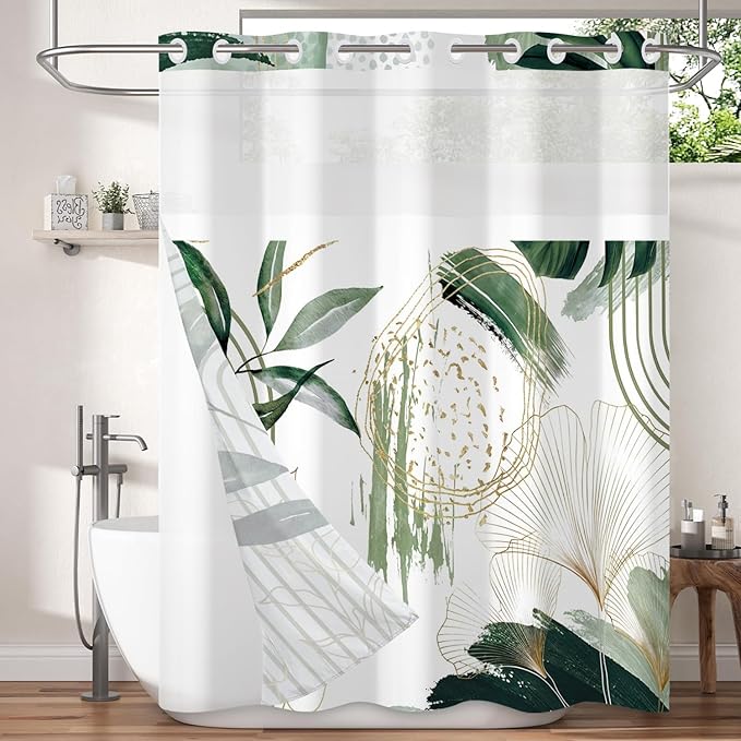 Boho Shower Curtain No Hooks with Snap in Fabric Liner Set,Modern Boho Shower Curtains Hotel Bathroom Decor,with See Through Top Window,Green Botanical Sage Fabric Waterproof Shower Curtain,71W x 74H