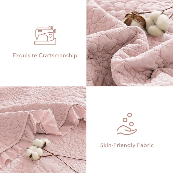 QSH 3PCs Blush Ruffled Quilt Queen Size (90"x98"),Stonewashed Cotton Quilt Set,Ultra Soft Lightweight Crinkled Bedspread Coverlet Queen Shabby Farmhouse Chic Bedspreads Bed Set with Pillow Shams