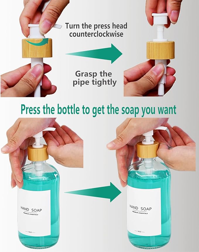Luxury Glass Soap Dispenser Set - 2 Refillable 16.9oz Bottles, Bamboo Pump & Tray for Farmhouse & Modern Decor, 9 Waterproof Labels for Kitchen/Bathroom (Amber Bottle+Black Bamboo Pumps+Tray)