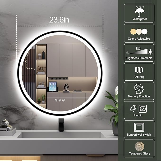 S·BAGNO 24’’ Round Led Bathroom Mirror with Lights, Bathroom Vanity Wall Mirror with Buletooth, Anti-Fog, Stepless Dimmable, 3 Colors, Tempered Glass Lighted Makeup Mirror for Bathroom
