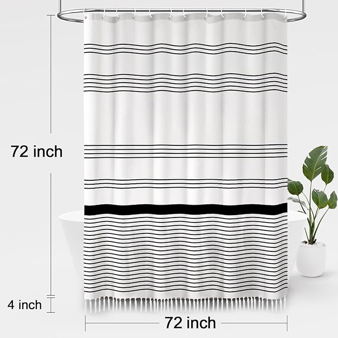 Awellife Black and White Boho Shower Curtain for Bathroom Stripe Tassel Shower Curtain 72 X 72 Inches Farmhouse Cotton
