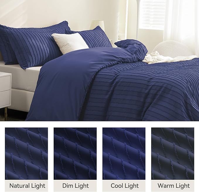 JELLYMONI Duvet Cover Twin Size Navy Blue - 3PCS Boho Striped Duvet Cover Set Polyester Tufted Bohemian Textured Comforter Cover 68×90in with Corner Ties & Zipper and 2 Pillowcases