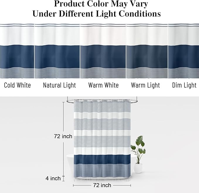 Awellife Navy Blue Shower Curtain for Bathroom Stripe Tassel Shower Curtain 72 X 72 Inches Farmhouse Cotton