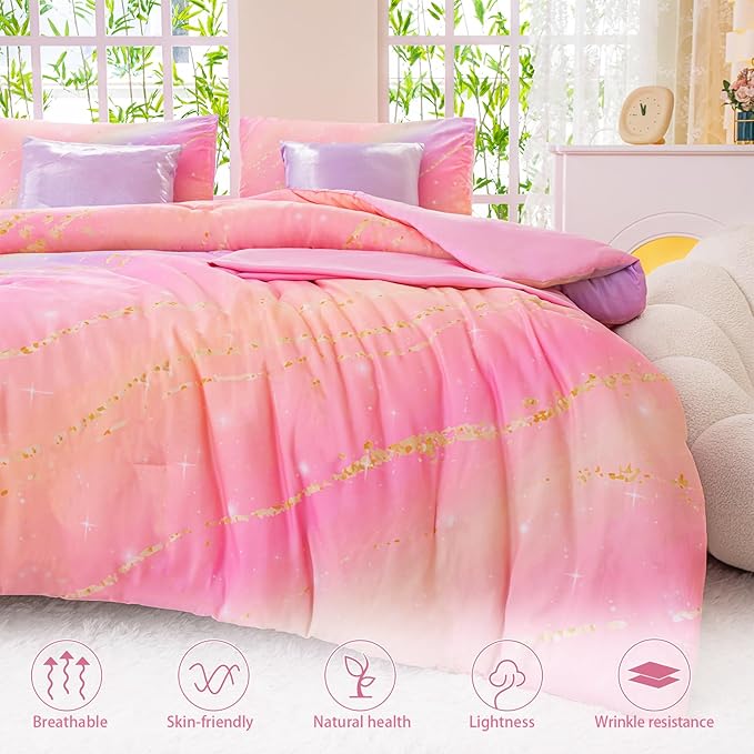 Rainbow Bedding Set Twin Size โ 7 Piece Reversible Girls Comforter with Deep-Pocket Sheet, Gradient Galaxy Design, Whole-Piece Filling, Machine Washable Bed-in-a-Bag for Kids Room Makeover & Gifts