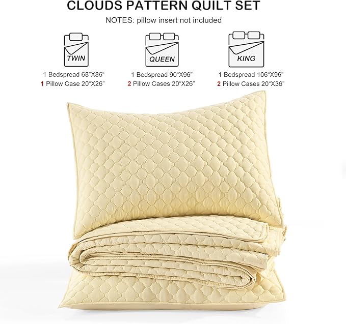 HORIMOTE HOME Quilt Queen Size Light Yellow, Lightweight Quilt for Summer Ultra-Soft Microfiber Modern Style Quilted Clouds Pattern Bedspread Quit Set 3 Pieces(1 Quilt and 2 Pillow Shams)