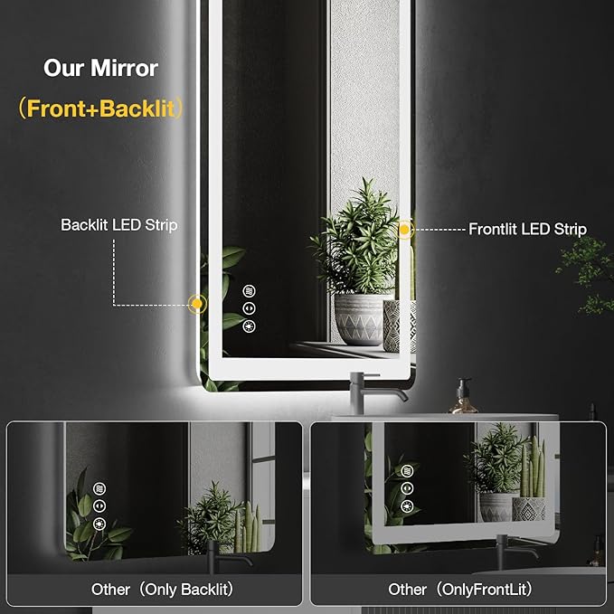36x30 LED Bathroom Mirror with Lights, Rounded Rectangle Bathroom Mirror for Wall, Anti-Fog, Dimmable, Backlit + Front Lit, Lighted Bathroom Vanity Mirror Tempered Glass(Horizontal/Vertical)