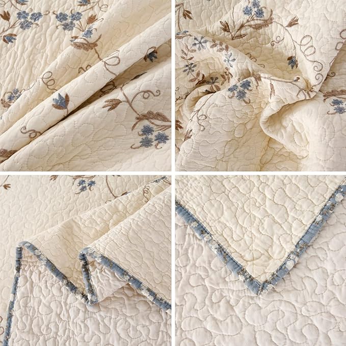 vctops 3-Piece Elegant Floral Embroidered Bedspread Coverlet Set 100% Cotton Reversible Patchwork 1 Quilt and 2 Pillow Shams Full/Queen, Flower B