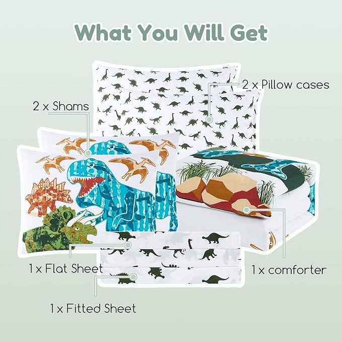 Full Size Comforter Set for Boys-7 Pieces Dinosaur Glow in The Dark Full Bedding Sets for Kids, Ultra Soft Bed in A Bag with Sheets