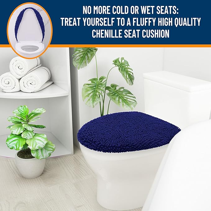 OLANLY Soft Chenille Bathroom Toilet Lid Cover, Machine Washable Seat Covers, 17.5x15, Stays in Place Rubber Backing, Fits Most Round, Elongated and Oblong Lids, Accessories Decor, Navy