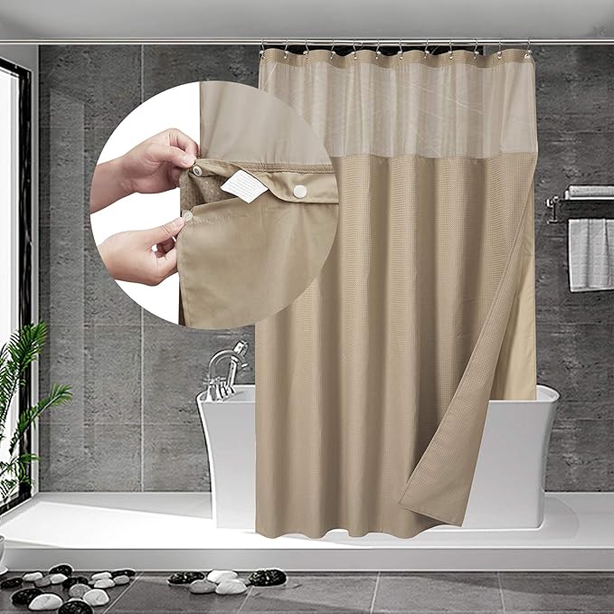 N&Y HOME Extra Long Waffle Weave Shower Curtain with Snap-in Fabric Liner Set, 12 Hooks Included - 71" x 84", Hotel Style, Mesh Top Window, Machine Washable & Water-Repellent - 71x84, Linen