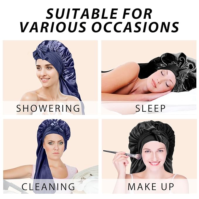 2Pcs Bonnets for Black Women Braid Bonnet, Large Long Satin Bonnet for Braids, Silk Bonnet with Stretchy Tie Band Sleep Cap Hair (2Pcs-Black&Dark Blue)