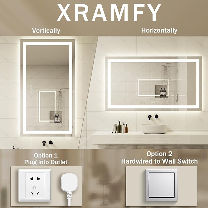 36"x 48"LED Bathroom Mirror, Backlit + Front Lit, LED Bathroom Mirror with Lights for Wall, 3 Colors, Anti-Fog, Dimmable Brightness, Memory Function, Tempered Glass