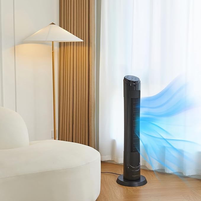 Amazon Basics 40" 70-Degree Oscillating Digital Tower Fan for Bedroom, Living Room, Office, With 4 Speeds, 3 Modes (Standard, Breeze, Nature), Timer Up to 15 Hours, Remote Control, 50W, Black