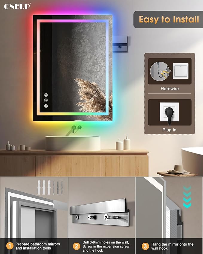 oneup 28x36'' RGB Bathroom Mirror with Lights,RGB Color Changing LED Bathroom Mirror for Wall,Lighted Vanity Mirrors,Dimmable,Anti-Fog,IP54 Waterproof