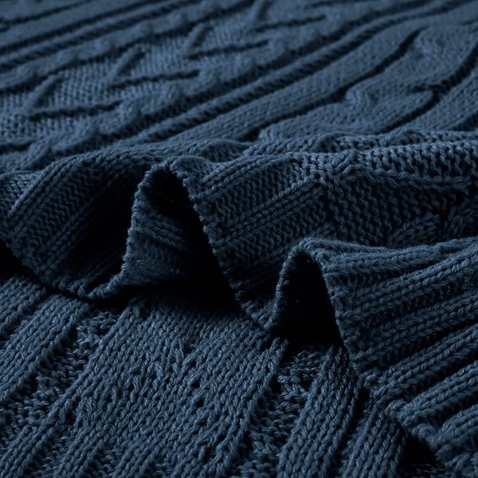 Aormenzy Navy Blue Cable Knit Throw Blankets for Couch Bed Sofa, Acrylic Knitted Blanket, Soft Cozy Throw Blanket, 50" x 60"