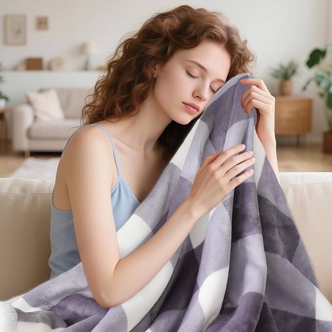 Sherpa Blanket Throw Blanket for Couch Sherpa Fleece Blanket Fluffy Checkered Soft Blanket for All Season Use Cozy Thick Warm Big Throws (Grey-Soft White, 80"*90")