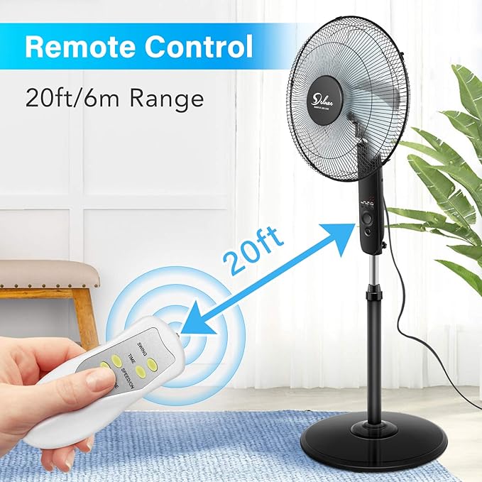 Simple Deluxe Oscillating 16″ Adjustable 3 Speed Pedestal Stand Fan with Remote Control for Indoor, Bedroom, Living Room, Home Office & College Dorm Use, 2 Pack, black