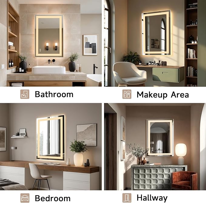MISSDAY LED Bathroom Mirror,24x36 Inch Gradient Front and Backlit LED Mirror for Bathroom, 3 Colors Dimmable CRI>90 Double Lights, IP54 Enhanced Anti-Fog, Hanging Plates Vanity Mirror with Lights