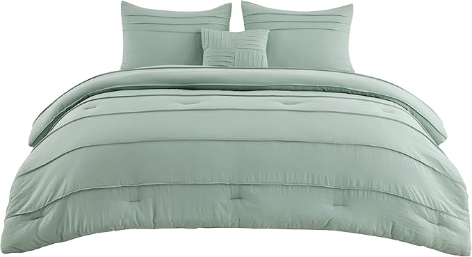 Bedsure King Comforter Set - 4 Pieces Pinch Pleat Bed Set, Sage Green Boho Bedding for All Season, 1 Soft Comforter, 2 Pillowcases, 1 Decorative Pillow