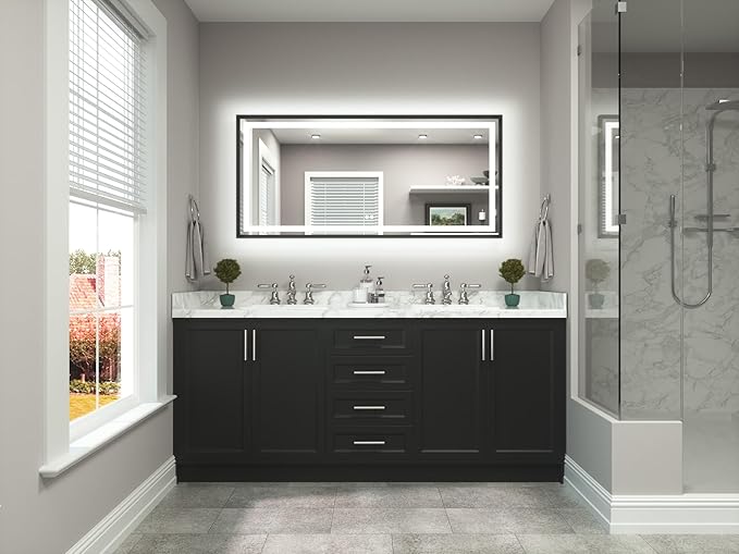 TETOTE 60 x 28 Large Bathroom Mirror Brushed Black Metal Frame Frontlit & Backlit Vanity Mirror 3 Colors White/Warm/Natural Stepless Dimmable Anti-Fog Bathroom Mirrors for Vanity Wall-Mounted