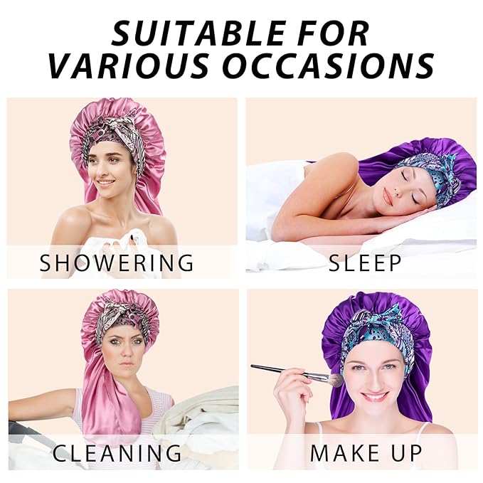 2Pcs Bonnets for Black Women Braid Bonnet, Large Long Satin Silk Bonnet for Braids,Black Women Braid Bonnet with Stretchy Tie Band for Sleeping Extra Long (Purple & Pink Pattern)