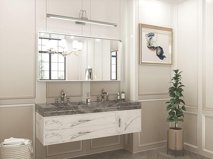 TETOTE 48 x 24 Inch Brushed Silver Frame Mirror, Bathroom Vanity Mirror for Wall, Modern Rectangle Round Corner Matte Framed Mirror (Horizontal/Vertical)