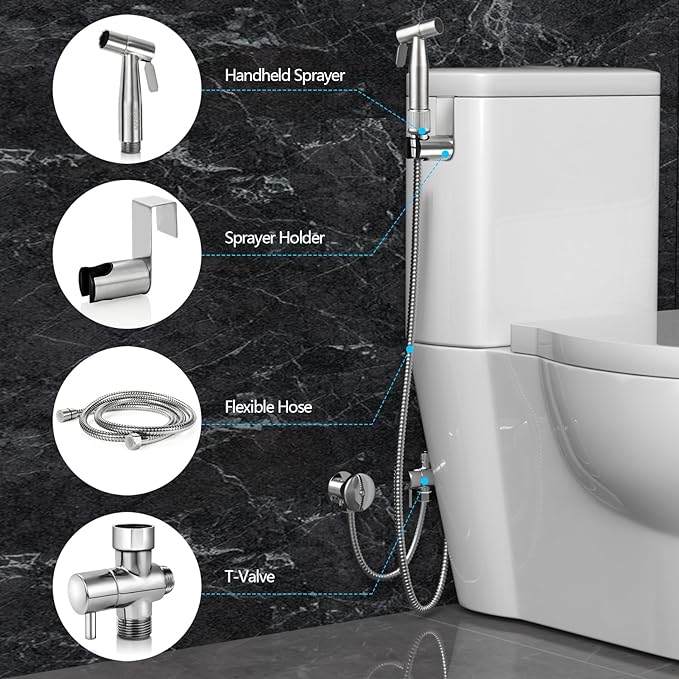 Bidet Sprayer for Toilet with Adjustable Water Pressure, Handheld Bidet Sprayer Kit- Stainless Steel(Don't Use Teflon Tape for Installation)