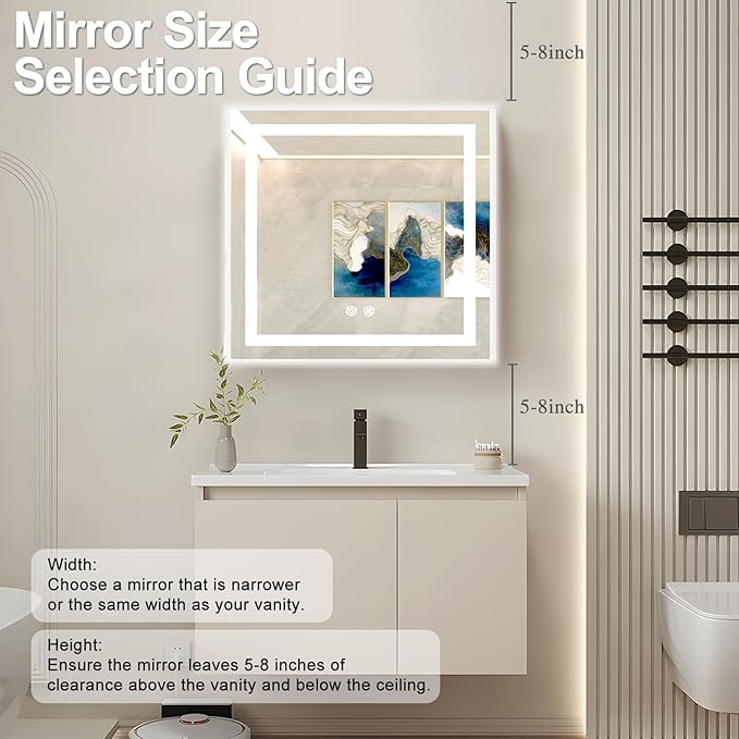 36 X 36 Inch Square LED Bathroom Vanity Mirror, 3 Colors Light Dimmable, Wall Mounted Memory Lighted Makeup Mirror with Anti-Fog Touch Switch (Front-lit&Backlit)